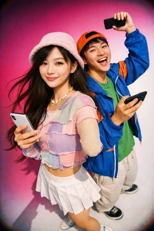 Generates a vibrant, wide-angle fashion portrait of two young adults hol...