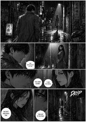 A cinematic black-and-white manga page showing a tense nighttime meeting...