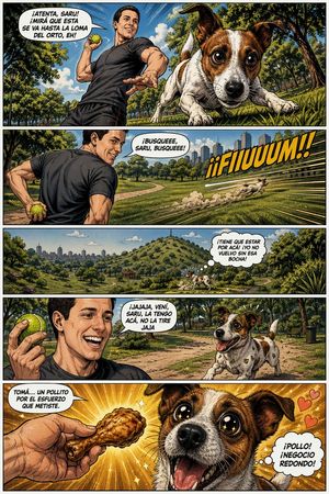 A polished Spanish-language comic page showing a man joking with his ter...