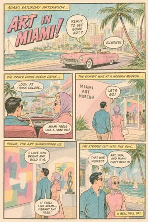 This prompt generates a retro five-panel comic page of a couple visiting...