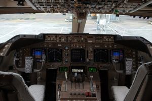 This prompt generates a highly realistic front-on airliner cockpit inter...