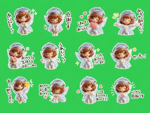 A bright green-background sticker sheet showing 12 kawaii chibi fairy th...