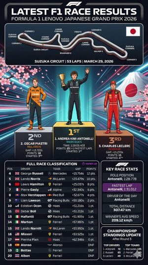A detailed Formula 1 race results infographic featuring a track map, ill...