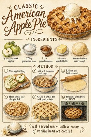 A nostalgic illustrated recipe poster showing ingredients and six step-b...