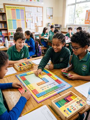 A realistic classroom photo showing children using a colorful multiplica...