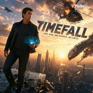 A photorealistic blockbuster movie poster showing a lone hero above a fu...