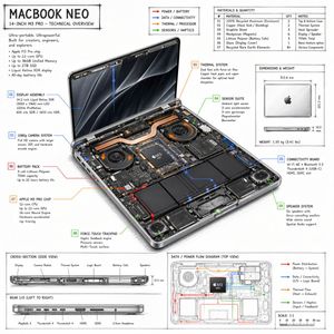A detailed, hand-drawn style technical spec sheet for a laptop, featurin...