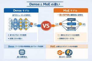 A technical infographic comparing Dense and Mixture of Experts (MoE) AI...