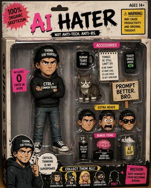 A humorous collectible toy package mockup showing an anti-AI skeptic act...
