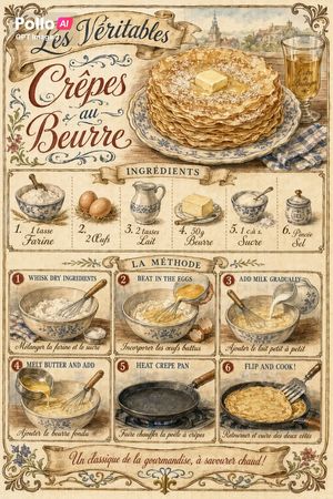 An ornate antique-style illustrated poster showing butter crepes, ingred...