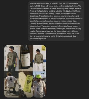 A screenshot-style AI moodboard showing a six-image editorial fashion co...