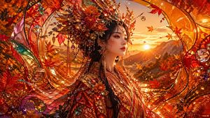 This prompt generates a blazing, jewel-encrusted autumn fantasy portrait...