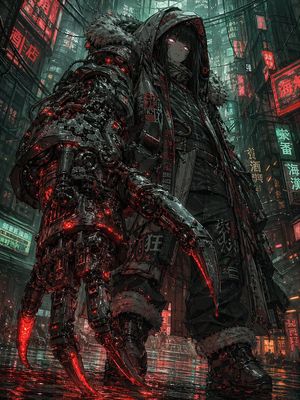 This prompt generates a dramatic anime-style cyberpunk character portrai...