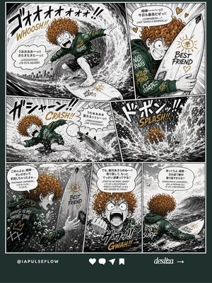 This generates a seven-panel manga-style surfing comic poster with drama...