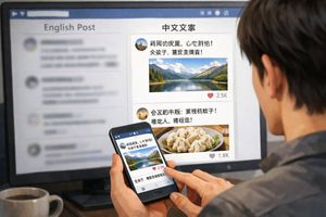 Generates an over-the-shoulder view of a person browsing a bilingual soc...