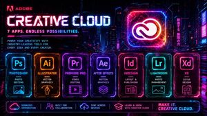 A neon cyberpunk promotional poster for Adobe Creative Cloud, ideal for...