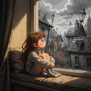 This prompt generates a cozy yet melancholic painterly scene of a child...