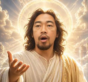 This prompt generates a dramatic heavenly portrait of a Christ-like figu...