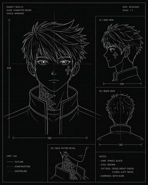A technical blueprint-style character design sheet showing a young anime...