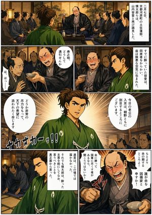 A dramatic single-page historical manga showing Nakaoka Shintaro boldly...