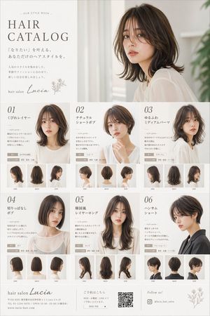 A clean editorial salon hairstyle catalog poster with six labeled haircu...
