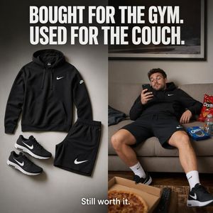 A polished square product ad showing activewear as both stylish gear and...