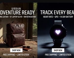 A photorealistic dual-panel e-commerce ad showcasing a leather backpack...