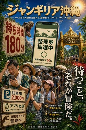 This prompt generates a cinematic satirical Japanese poster for a tropic...