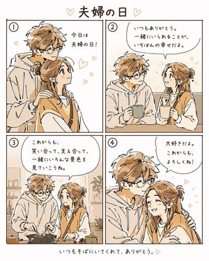 A soft, romantic 4-panel anime-style comic in Japanese celebrating Marri...