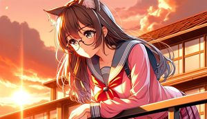 A cinematic anime-style rooftop portrait of a cat-eared schoolgirl at su...