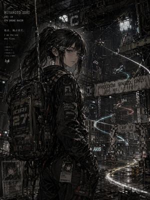 A dark, detailed anime-style cyberpunk character poster showing a young...