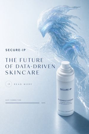 A sleek luxury skincare poster featuring a white cleanser bottle, a flow...