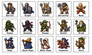 This prompt generates a 15-panel retro pixel-art lineup of fantasy RPG j...