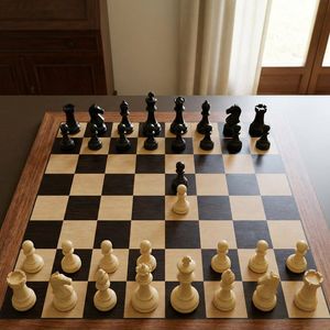 This prompt generates a realistic indoor photo of a wooden chessboard wi...