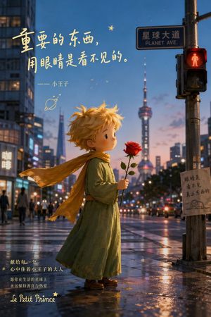 A poetic cinematic poster of a Little Prince-like child holding a rose i...