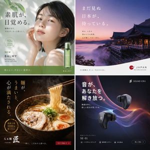 Generates a 2x2 grid of distinct Japanese advertisement posters covering...