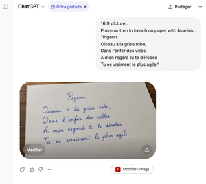 This prompt generates a realistic close-up photo of a handwritten French...