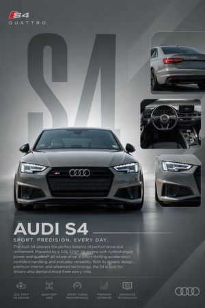 A premium vertical car advertisement poster featuring a silver Audi S4 w...