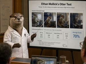 A photorealistic comedic conference scene showing an otter in a lab coat...
