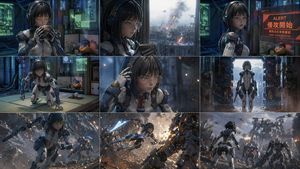 Generates a 9-panel cinematic storyboard depicting a character transitio...