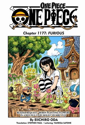 This prompt generates a colored manga-style One Piece chapter page with...