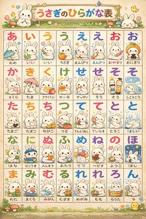 A whimsical Japanese hiragana learning chart with 40 bunny-illustrated c...