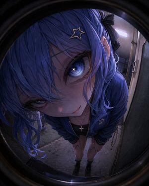 This prompt generates a dramatic fisheye anime portrait of a blue-haired...
