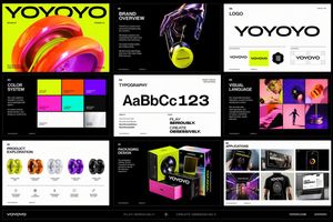 A polished multi-panel brand identity board for a futuristic yo-yo compa...