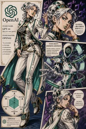 A stylized manga poster depicting OpenAI as a JoJo-inspired female stand...