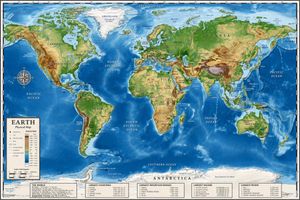 Generates a highly detailed topographical world map featuring a legend,...