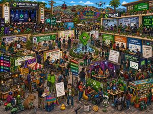 This prompt generates a dense isometric festival-style illustration of a...