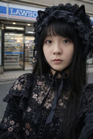 Generates a photorealistic portrait of a young woman in Gothic Lolita fa...