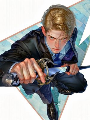 This prompt generates a stylish high-angle anime action portrait of a bl...