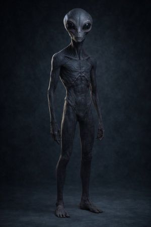 A dark photorealistic studio image of a gaunt humanoid alien, suited for...